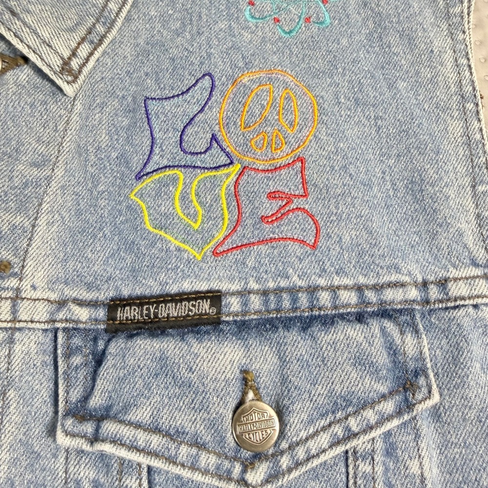 VINTAGE Hippy Harley-Davidson Denim Vest Embroidered Patches Peace Love Pride - Picture 11 of 16